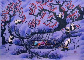 Para niños Painting - Panda chino en dibujos animados de flor de ciruelo para niños